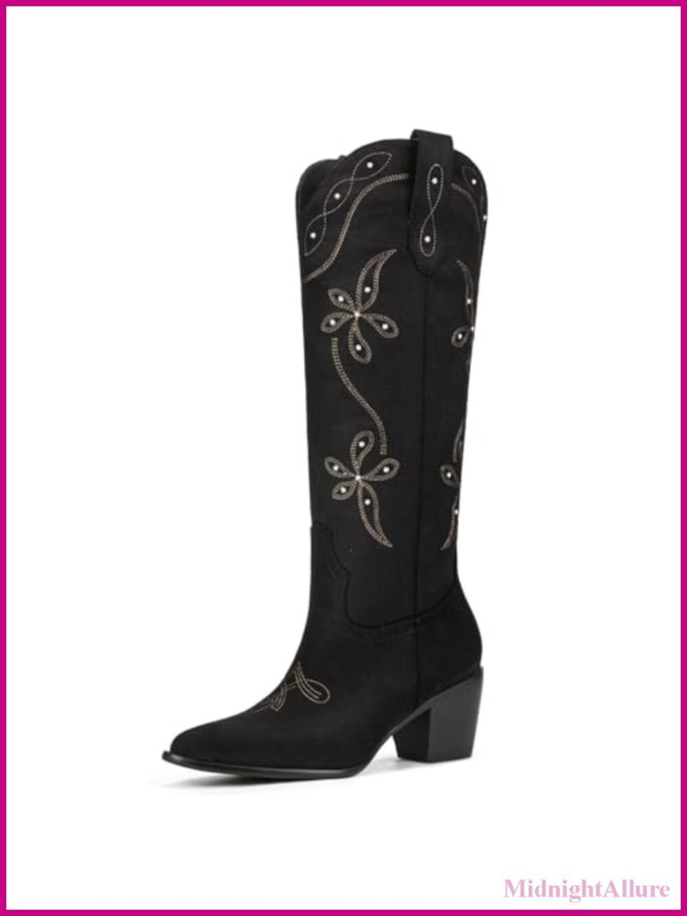 Knee High Cowboy Boots Faux Suede Embroidered Pointed Toe Chunky Heel